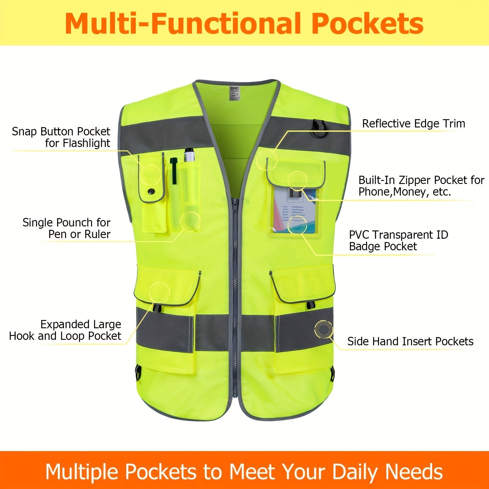 TCCFCCT Safety Vest for Men Women 9 Pockets High Visibility Reflective Vest for Safety, Premium 120g Fabric with Reinforced Sewing, Hi Vis Construction Work Vest for Surveyors, Drivers and Warehouse, Meets ANSI/ISEA Standards - Kenner House Emporium