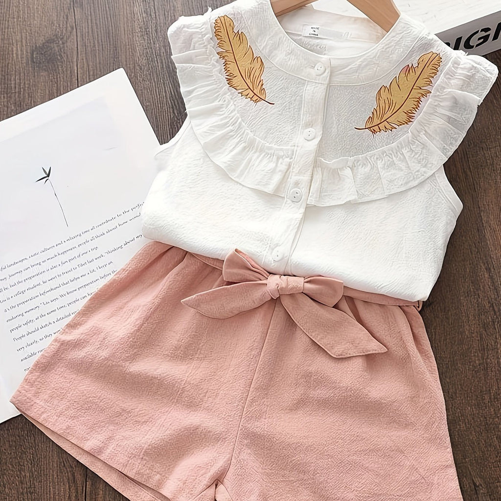 2pcs 100% Cotton Elegant Girls Outfits: Sleeveless Ruffle Trim Shirt Pullover + Shorts Set with Bow Belt for Summer Outdoor - Kenner House Emporium