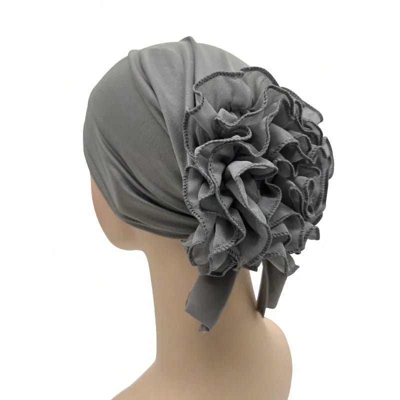 Women's Chiffon Headscarf With Flower Decoration,Monochromatic Elastic Breathable Head Wrap Suitable For Spring,Summer,Autumn - Kenner House Emporium