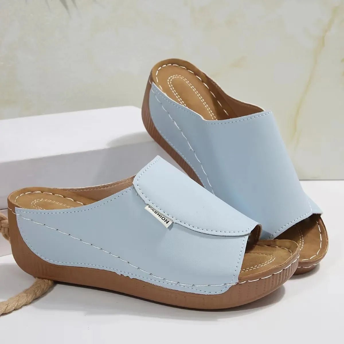 Ladies wear wedge heel sandals, solid color open toe thick soled shoes, summer comfortable slippers, ventilated and easy to wear - Kenner House Emporium