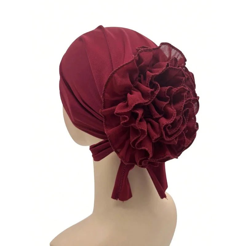 Women's Chiffon Headscarf With Flower Decoration,Monochromatic Elastic Breathable Head Wrap Suitable For Spring,Summer,Autumn - Kenner House Emporium