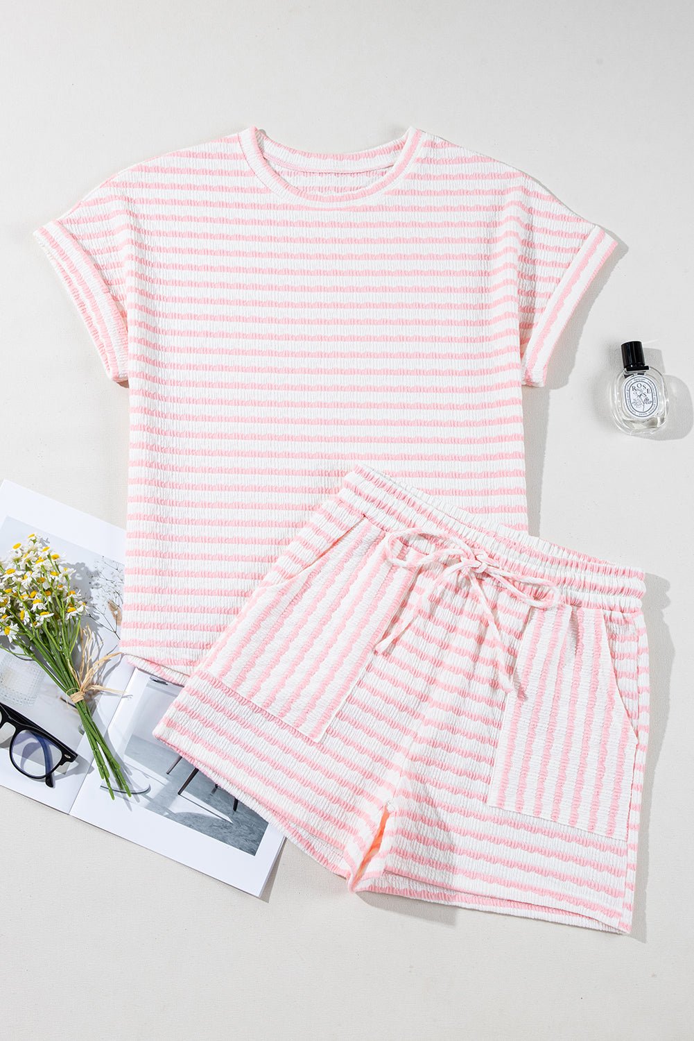 Pink Striped Print Short Sleeve Top and Pocket Shorts Set - Kenner House Emporium