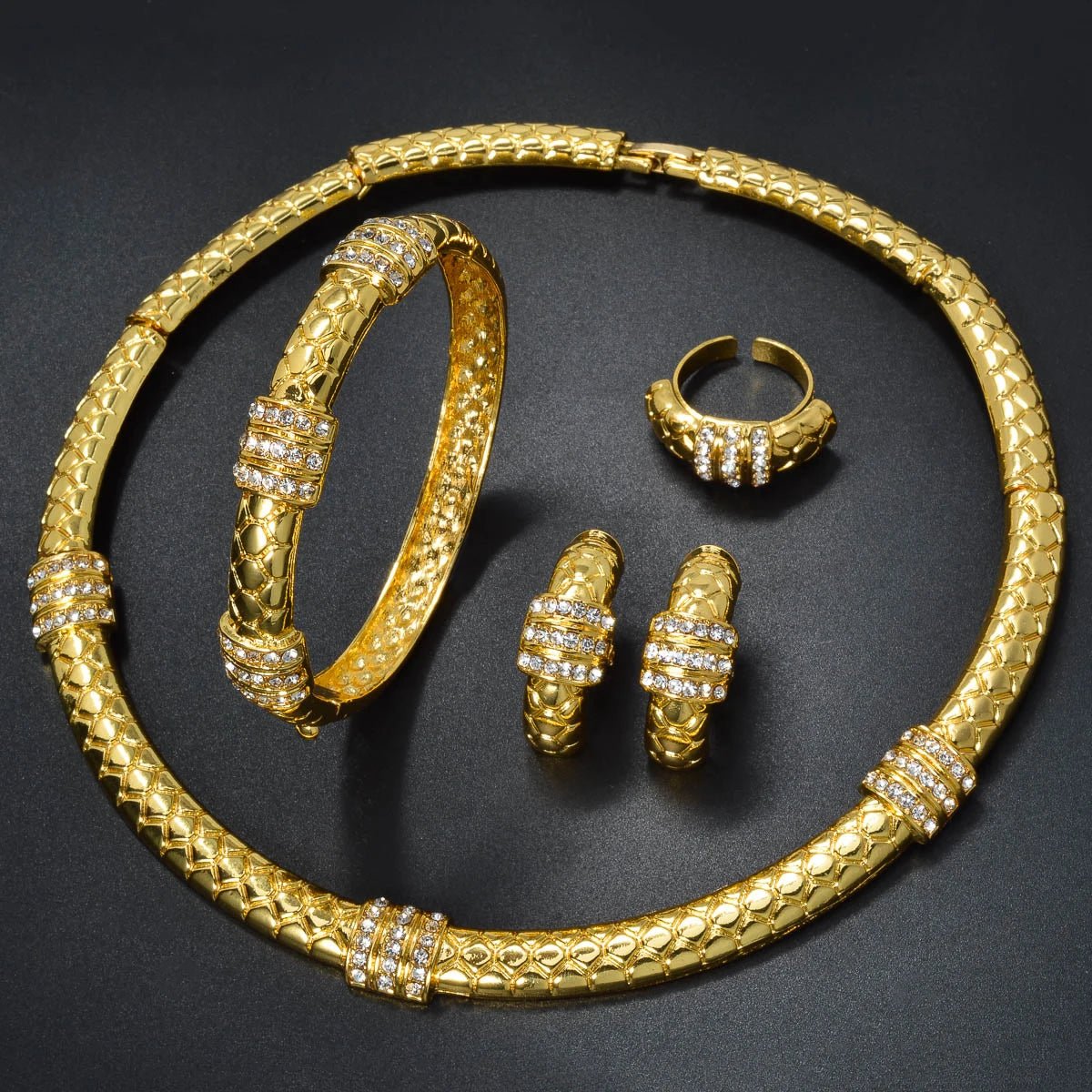 Luxury 18k Gold - Plated Women's Jewelry 4 - Piece Round Necklace Bracelet Earrings Ring Gold Classic Dubai Wedding Gift - Kenner House Emporium