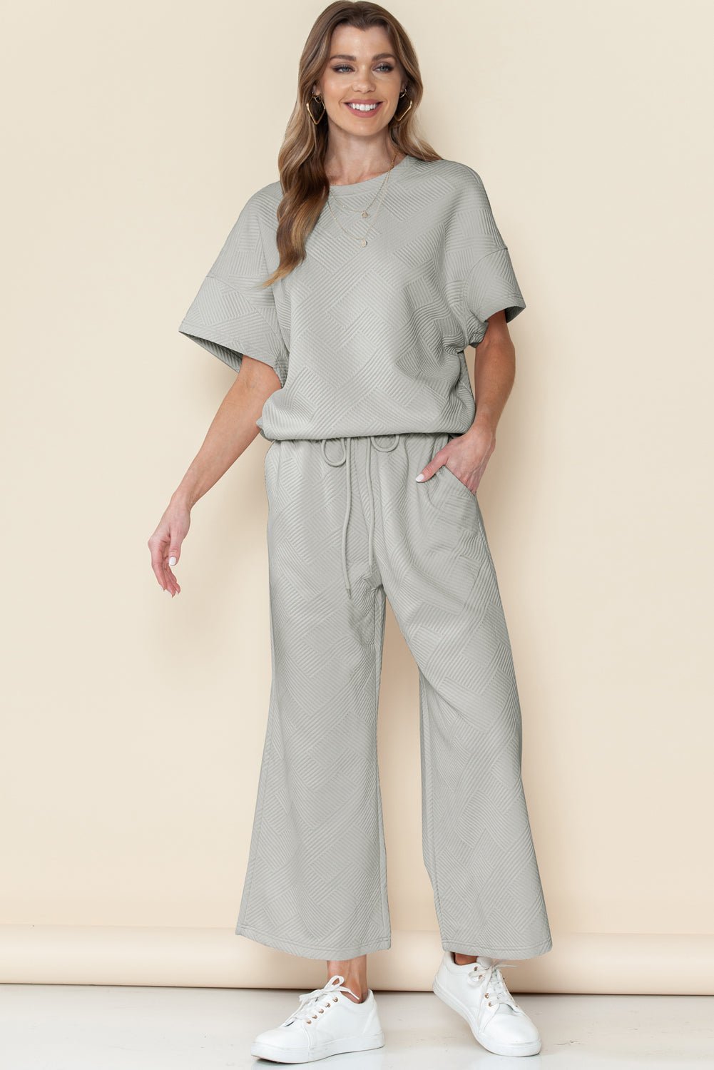 Gray Textured Loose Fit T Shirt & Drawstring Pants Set - Kenner House Emporium