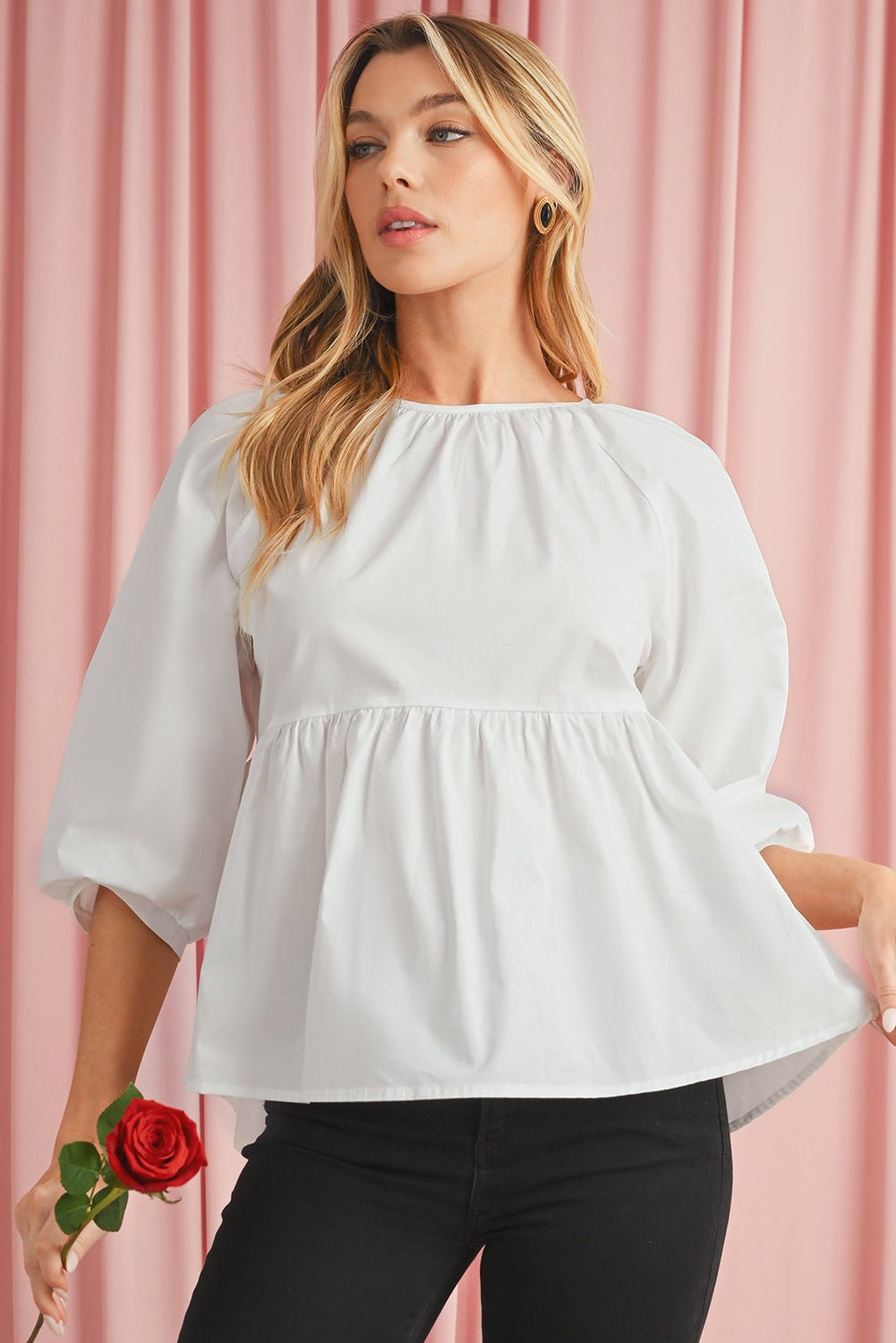 White Bow Knot Cutout Back Loose Fit 3/4 Sleeve Blouse - Kenner House Emporium