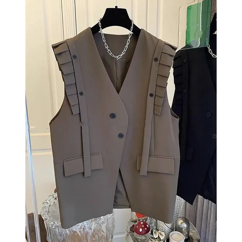 New Vest Coat Female Spring Autumn Temperament Wood Ear Splicing Suit Sleeveless Jacket Women Loose Casual Waistcoat Tops Ladies - Kenner House Emporium