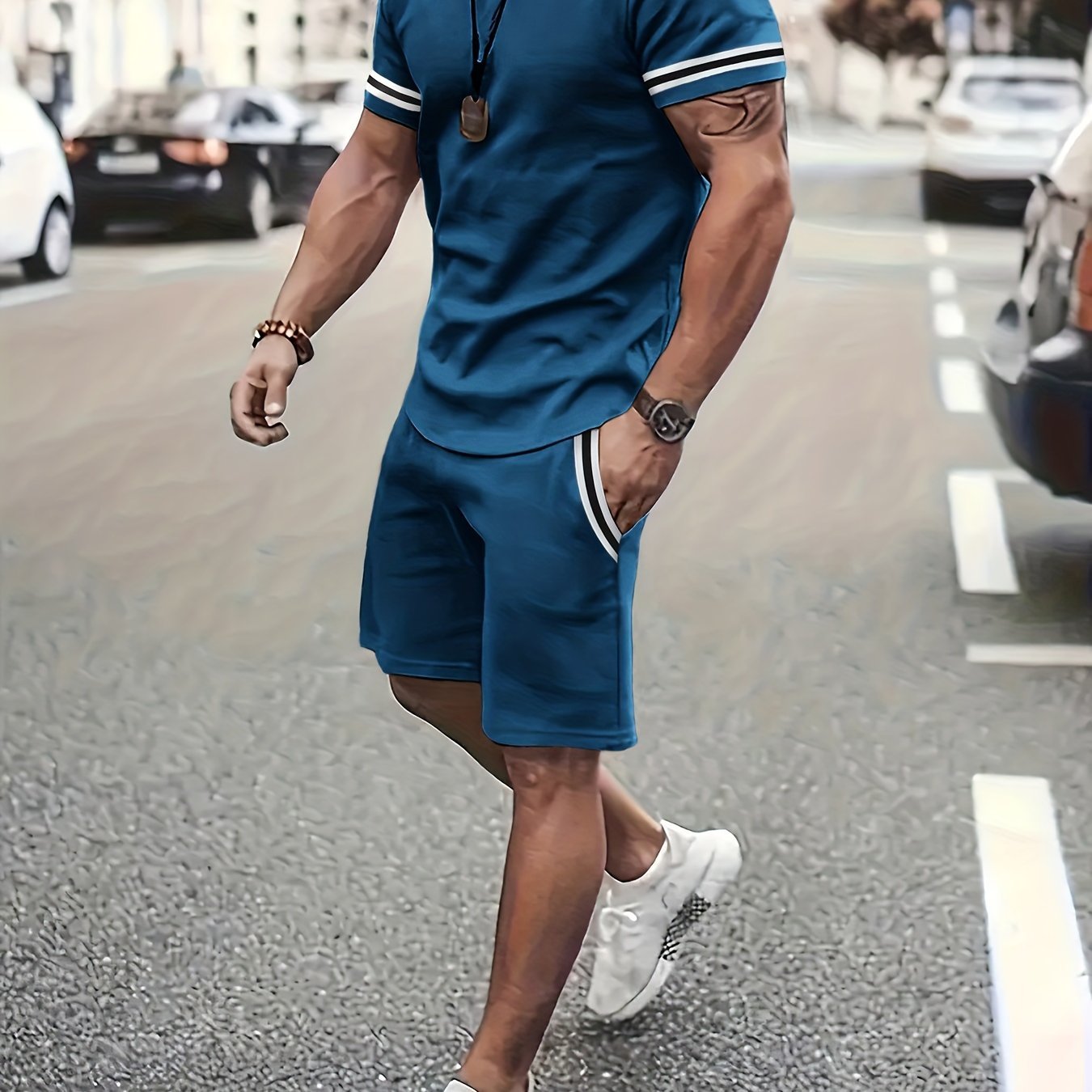 Men's Short Sleeve T-shirt & Drawstring Shorts 2pcs Casual Sports Regular Tee Top Pants Suit Outfits For Spring Summer, As Gifts - Kenner House Emporium