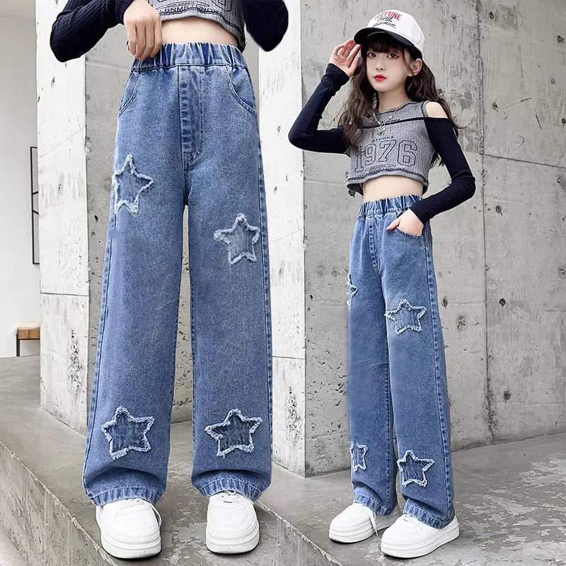 Teen Girls Wide Leg Cargo Jeans Spring Autumn Fashion Kids Casual Denim Pants School Young Kids Straight Baggy Trousers 3 - 12Y - Kenner House Emporium