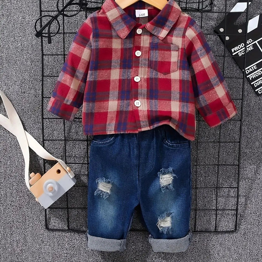 Boys' Spring Autumn Tartan Polo Shirt + - denim Long Trousers Two - piece Casual Outfit Boys Tweed Check Shirt - Kenner House Emporium