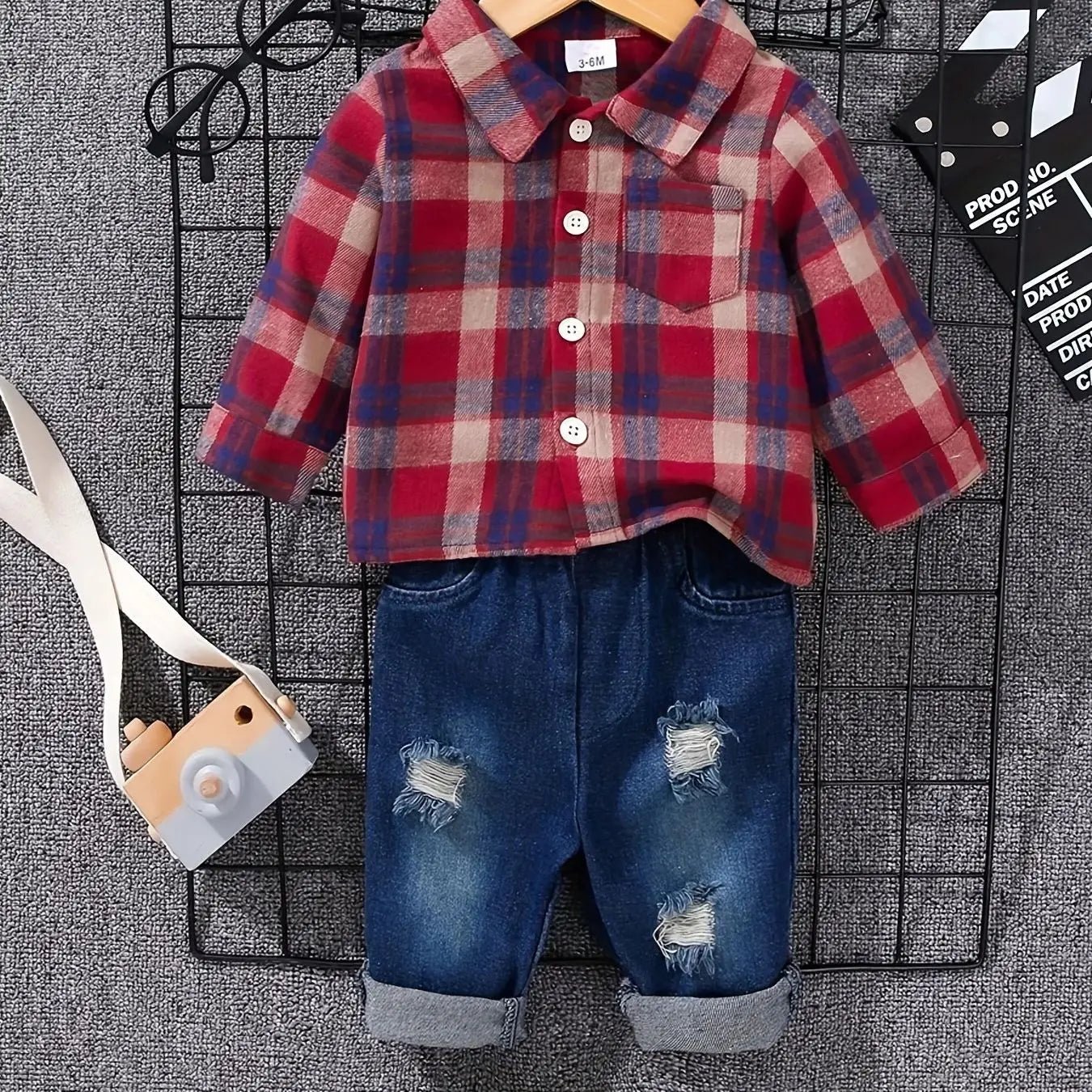 Boys' Spring Autumn Tartan Polo Shirt + - denim Long Trousers Two - piece Casual Outfit Boys Tweed Check Shirt - Kenner House Emporium