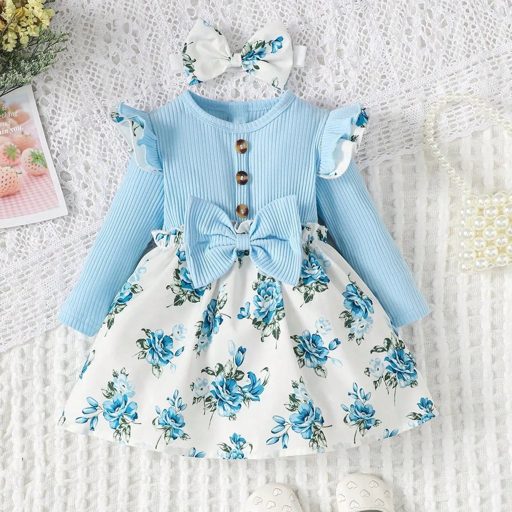 New Baby Girl Spring And Autumn Simple Daily Flower Print Long Sleeved Big Bow Cute Dress Headband - Kenner House Emporium