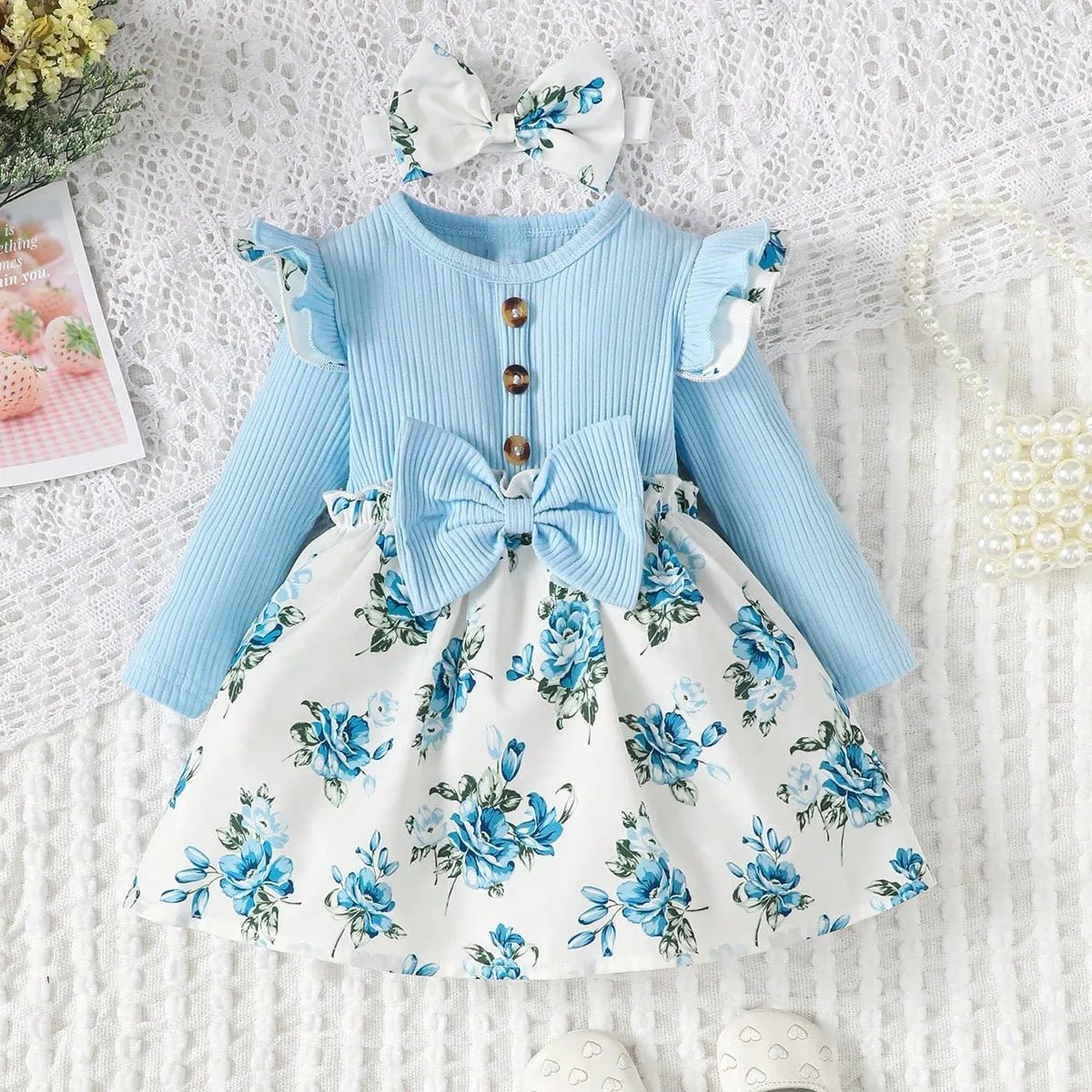 New Baby Girl Spring And Autumn Simple Daily Flower Print Long Sleeved Big Bow Cute Dress Headband - Kenner House Emporium