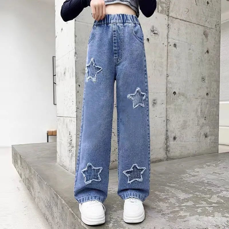 Teen Girls Wide Leg Cargo Jeans Spring Autumn Fashion Kids Casual Denim Pants School Young Kids Straight Baggy Trousers 3 - 12Y - Kenner House Emporium
