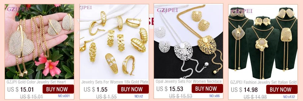 New Women Jewelry Two Tone Classic Design Necklace Set Long Drop Earrings Bracelet And Ring Full Set Jewelry Party Trending - Kenner House Emporium