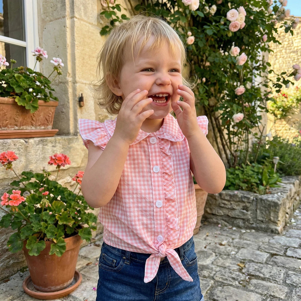 Toddler Clothes Baby Girl Summer Shirts Cute Plaid Solid Color Flying Sleeve Button Down Tops Children's Clothing - Kenner House Emporium