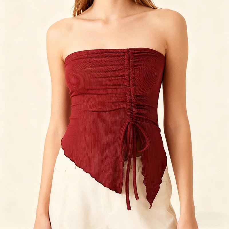 Spring Summer Y2K Women's Strapless Sleeveless Tube Top Mesh Ruched Side Asymmetrical Lace up Bandeau Cami Tank Tops Streetwear - Kenner House Emporium