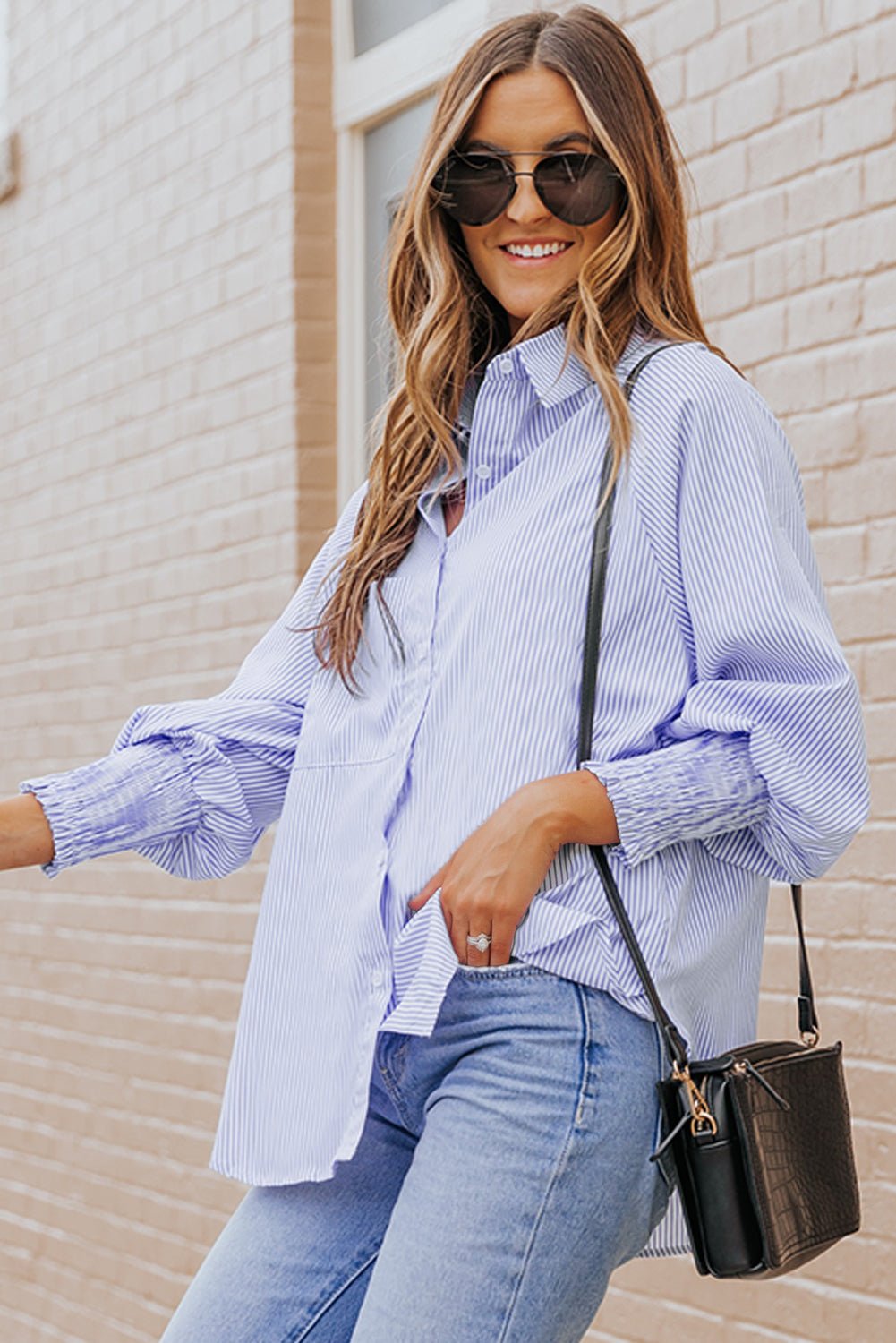 Light Blue Casual Striped Shirred Cuffs Shirt - Kenner House Emporium