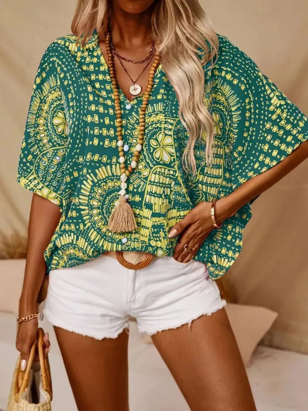 Printed V - Neck Half Sleeve Top - Kenner House Emporium