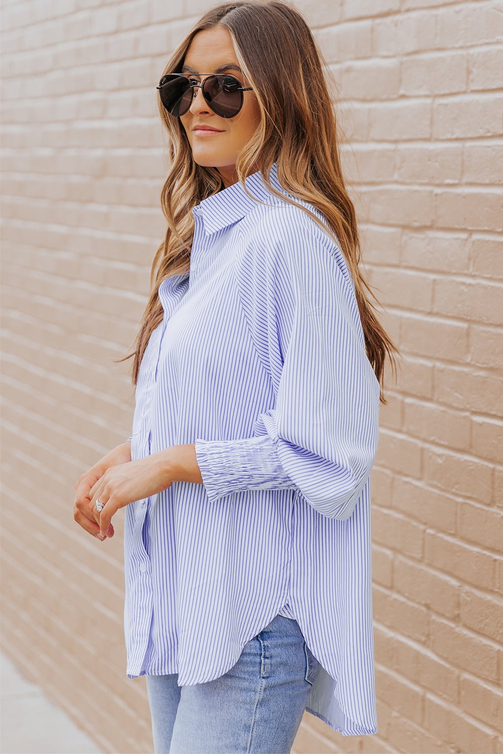 Light Blue Casual Striped Shirred Cuffs Shirt - Kenner House Emporium