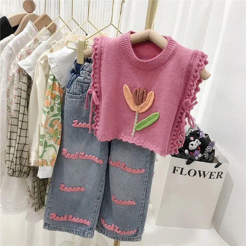 Children's Clothing sets 2 - 7 Years Pink Knitted Waistcoat + Jeans Summer Outfit Toddler Infant Clothing Set Kids Wear - Kenner House Emporium
