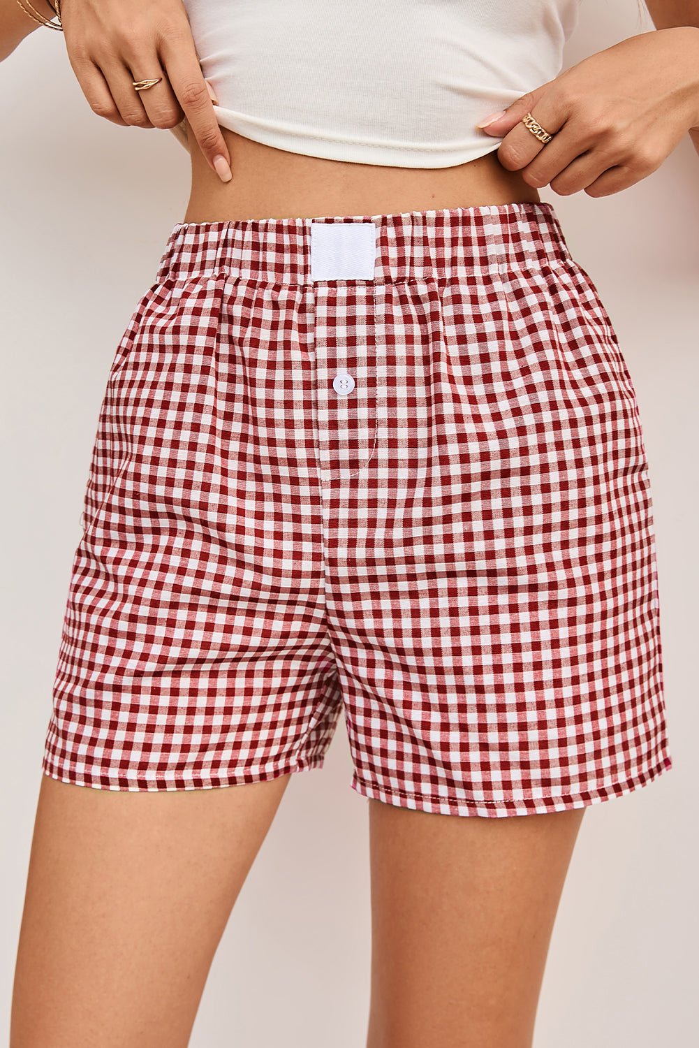 Red Vintage Plaid Print High Waisted Loose Wide Leg Shorts - Kenner House Emporium