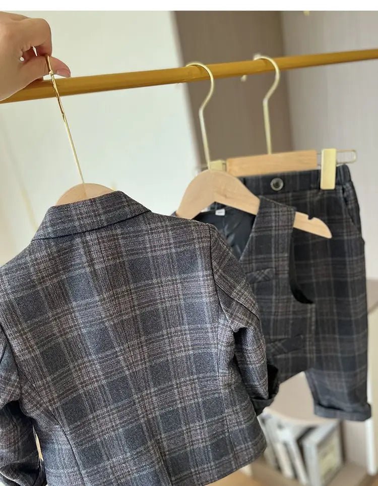 Child Spring Autumn Plaid Luxury Suit Set Boys Birthday Performance Photo Wedding Party Costume Kids Tuxedo Vest Pants Clothes - Kenner House Emporium