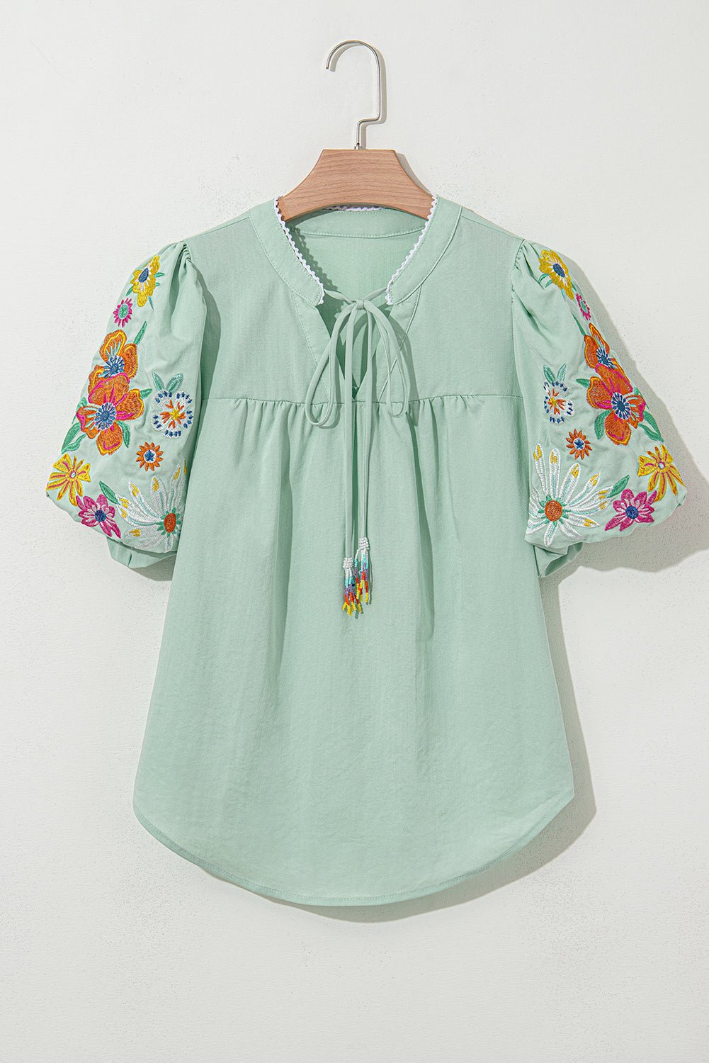 Clearly Aqua Floral Embroidered Puff Sleeve Split Neck Blouse - Kenner House Emporium