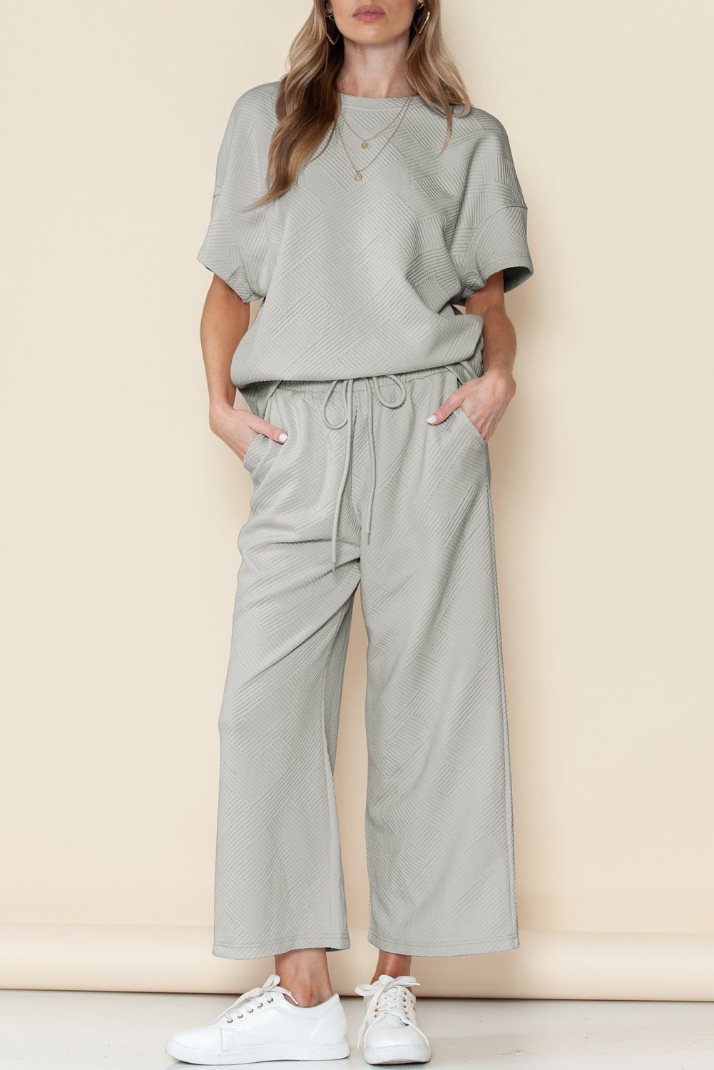 Gray Textured Loose Fit T Shirt & Drawstring Pants Set - Kenner House Emporium