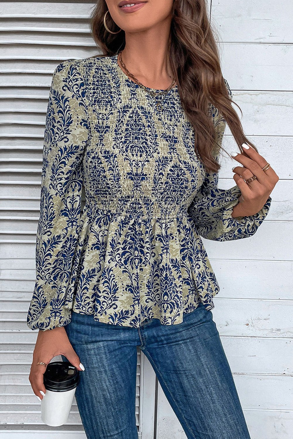 Sky Blue Ethnic Print Balloon Sleeve Smocked Peplum Blouse - Kenner House Emporium