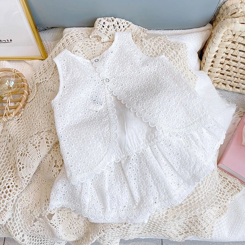 Girls Summer Clothing Sets Hollow Lace Suit Baby Casual Sleeveless T-shirt+Shorts Kids Clothing Sets Baby Clothes Outfits - Kenner House Emporium