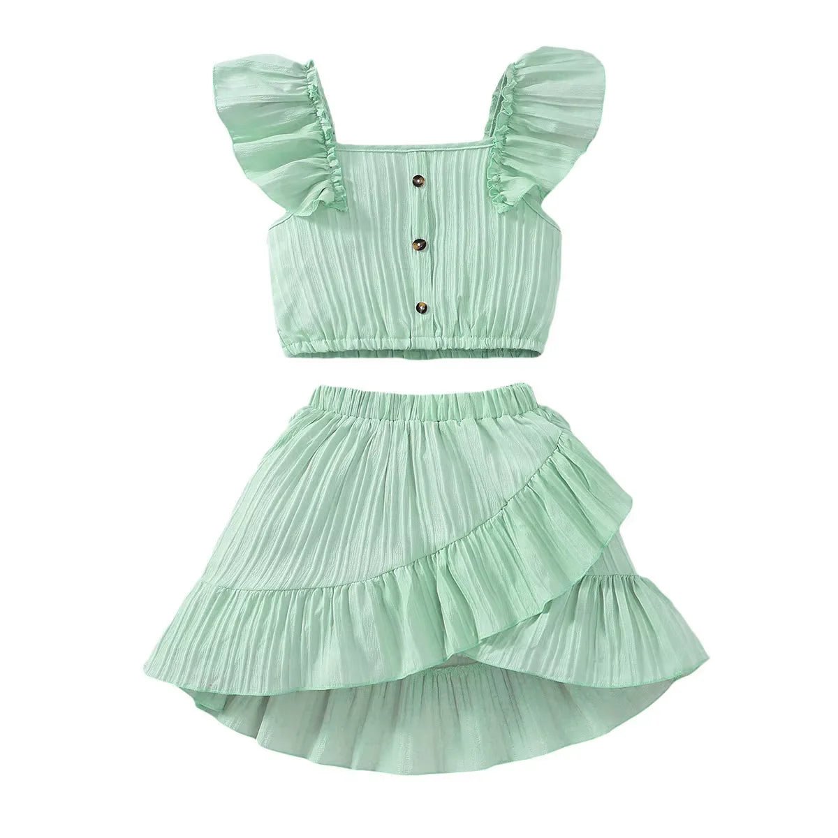Kid Girls Summer Princess Clothing Set Flutter Sleeve Plain Color Tops+Short Skirt Sweet Style Party Wear For Child 8 - 12 Years - Kenner House Emporium