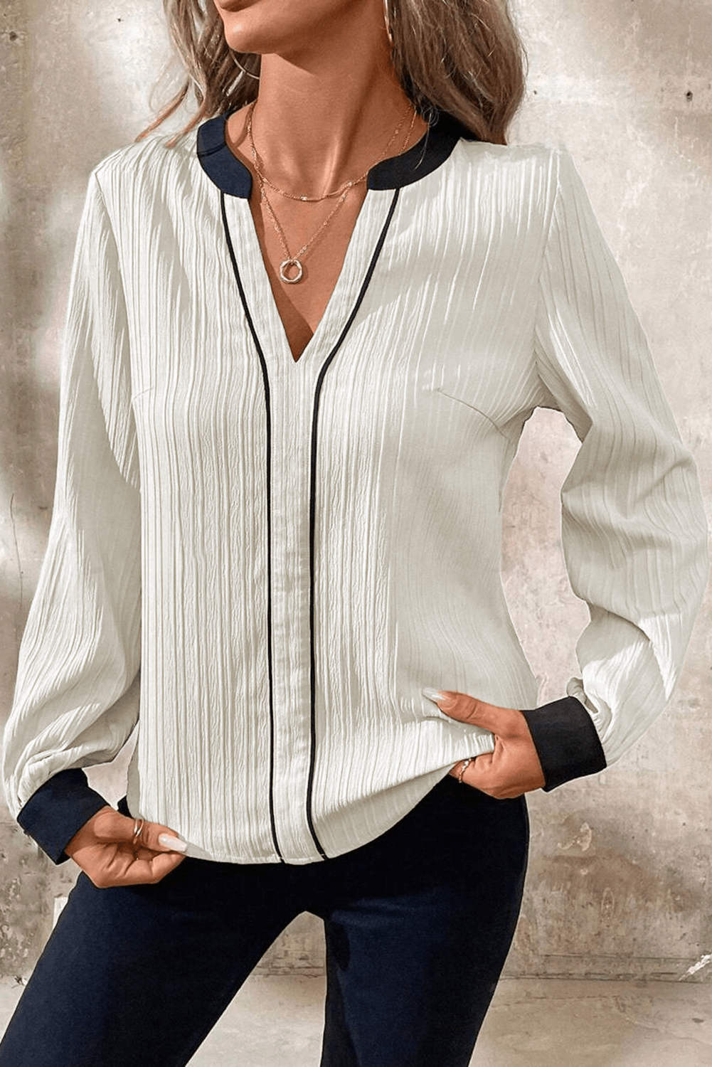 White Colorblock Edge Long Sleeve V Neck Textured Blouse - Kenner House Emporium