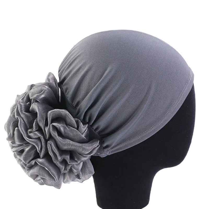 Women's Chiffon Headscarf With Flower Decoration,Monochromatic Elastic Breathable Head Wrap Suitable For Spring,Summer,Autumn - Kenner House Emporium
