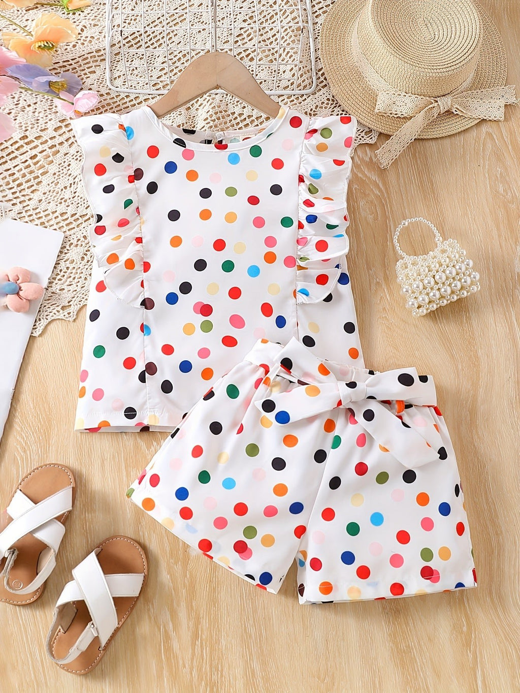 2pcs Dreamy Polka Dot Print Sleeveless Top + Shorts Set with Ruffle Trim and Bow Belt for Girls Summer Outfits - Kenner House Emporium