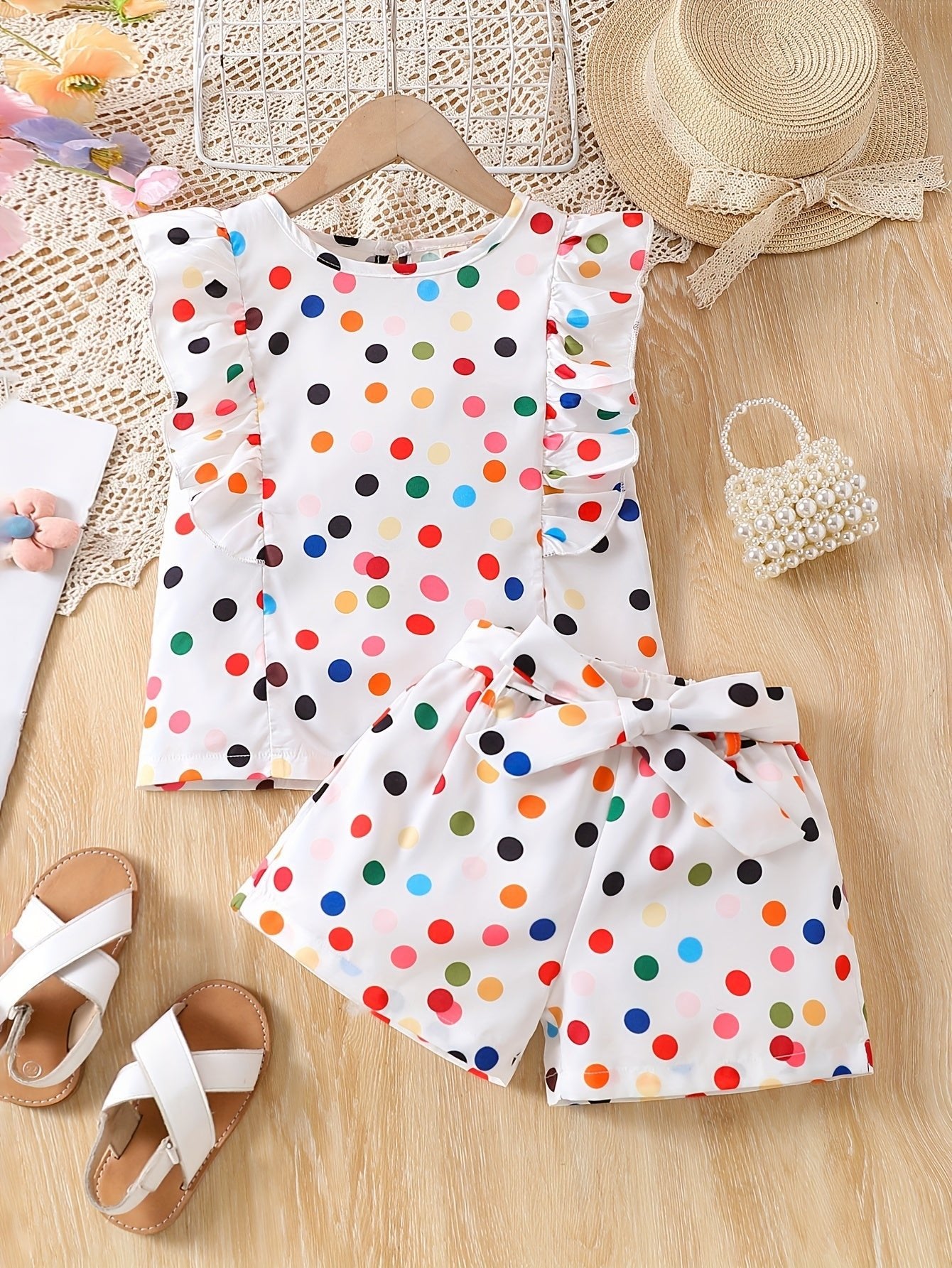 2pcs Dreamy Polka Dot Print Sleeveless Top + Shorts Set with Ruffle Trim and Bow Belt for Girls Summer Outfits - Kenner House Emporium