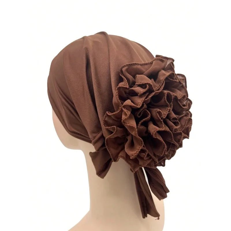 Women's Chiffon Headscarf With Flower Decoration,Monochromatic Elastic Breathable Head Wrap Suitable For Spring,Summer,Autumn - Kenner House Emporium