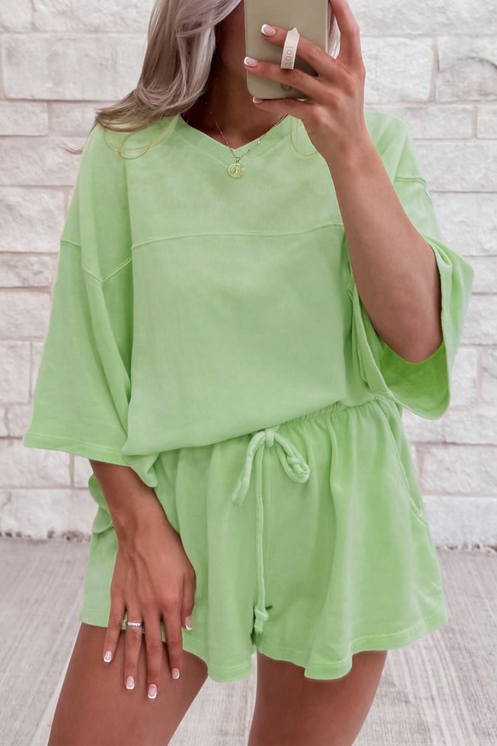 Meadow Mist Green Loose V Neck Tee and Drawstring Shorts Set - Kenner House Emporium