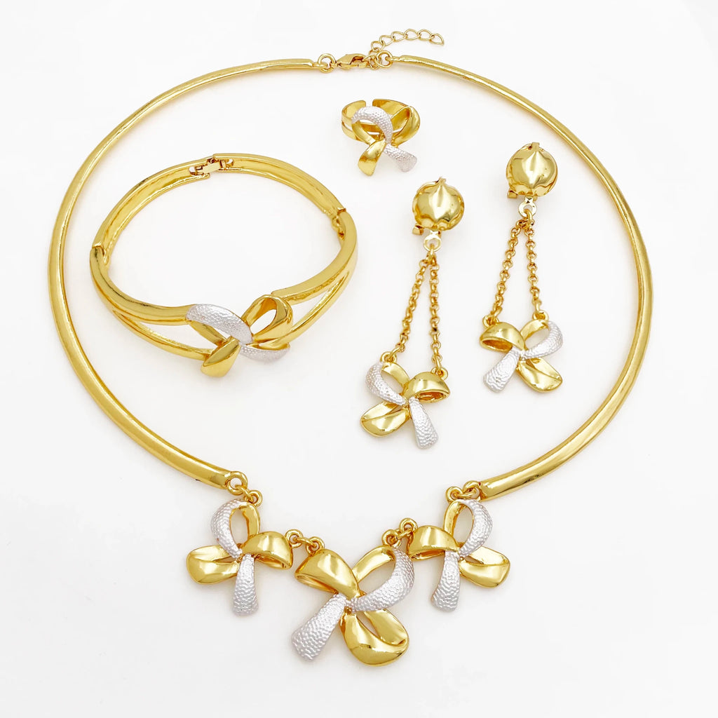 New Women Jewelry Two Tone Classic Design Necklace Set Long Drop Earrings Bracelet And Ring Full Set Jewelry Party Trending - Kenner House Emporium
