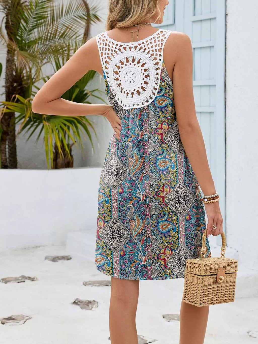 Floral Print V - Neck Crochet Back Mini Dress - Kenner House Emporium