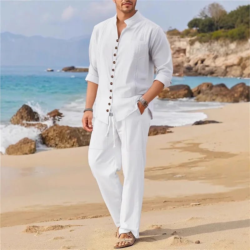 Men's Fashionable Cotton Linen Shirt Set, Stand Collar, Long Sleeves, Two - Piece Set, Spring/Autumn Style, 100% Natural Fiber - Kenner House Emporium