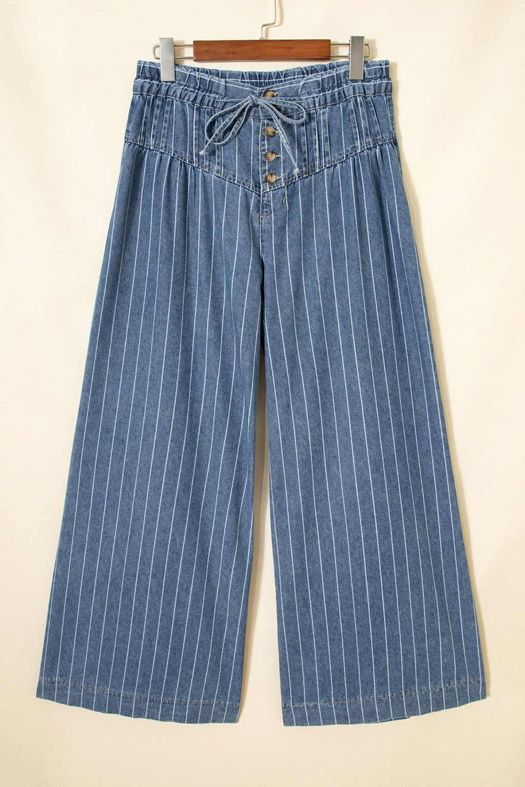 Sky Blue Stripe Button Pleated Drawstring Waist Casual Wide Leg Jeans - Kenner House Emporium