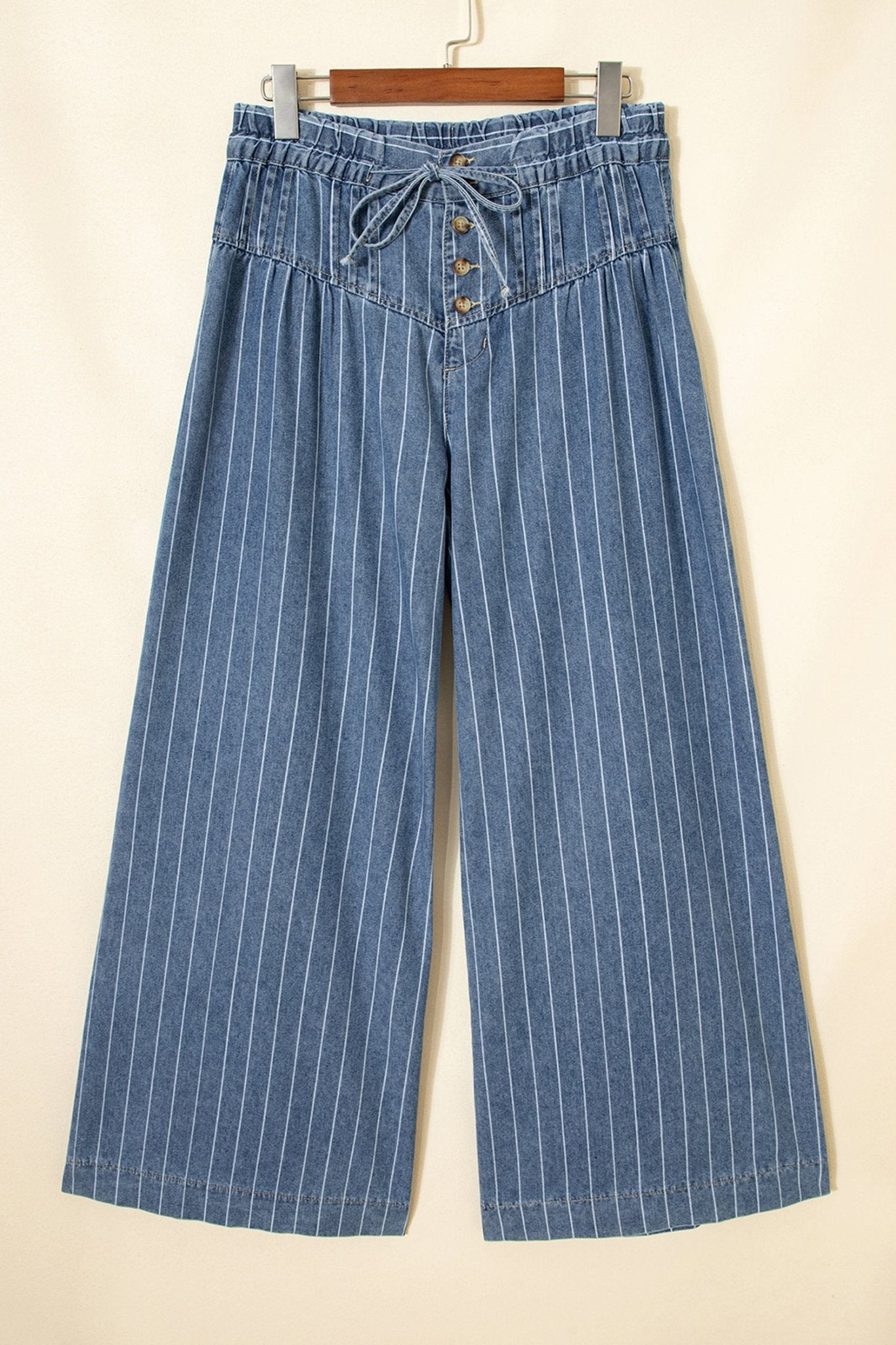 Sky Blue Stripe Button Pleated Drawstring Waist Casual Wide Leg Jeans - Kenner House Emporium