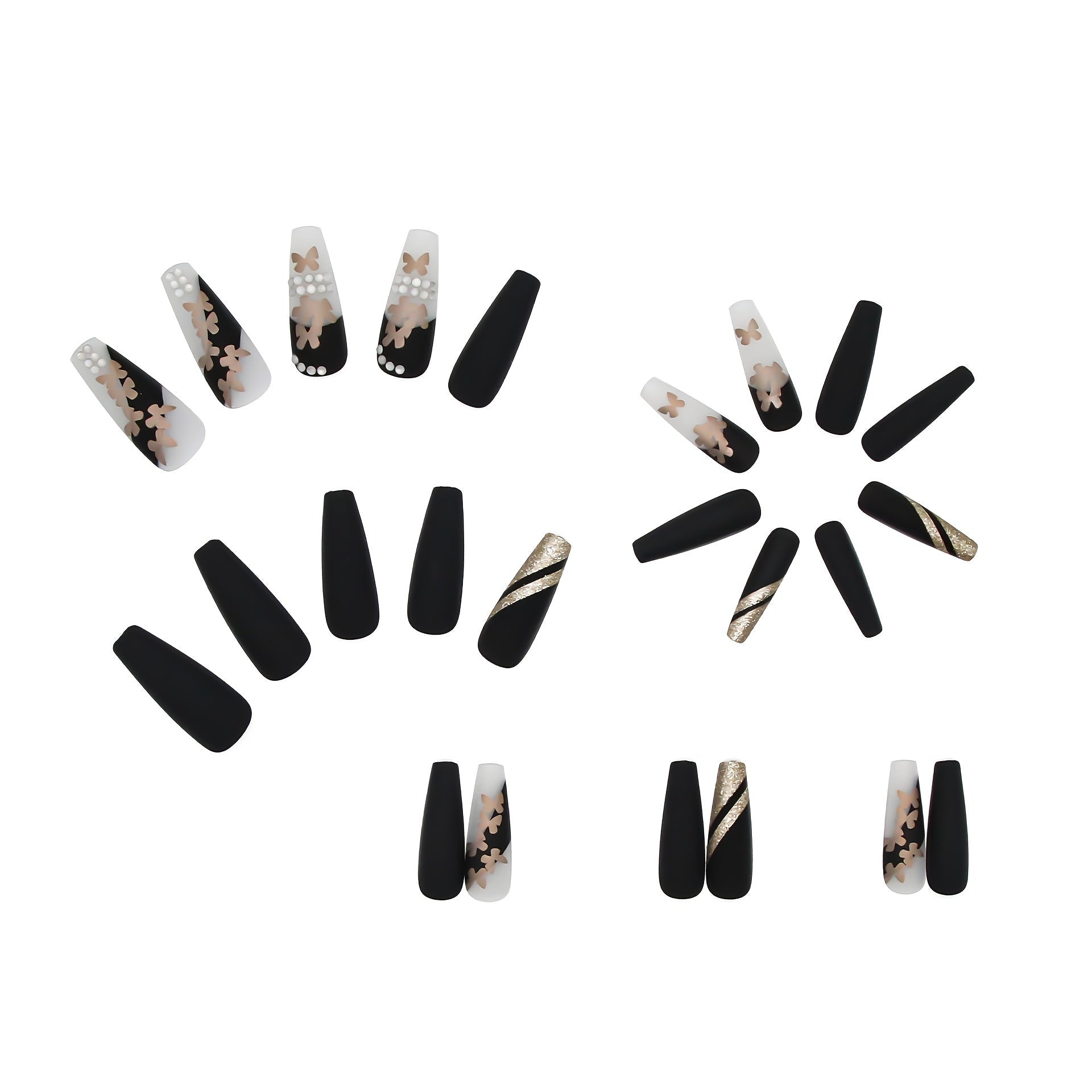 [24pcs Press - On Nails] Lirches 24pcs Press - On Nails, Hot Golden Butterfly Fake Nails, Pre - made Matte Golden Glitter Wearable Nail Tips, Light Luxury Rhinestone Style, Instagram - Inspired Manicure Nail Stickers, Includes Jelly - Kenner House Emporium
