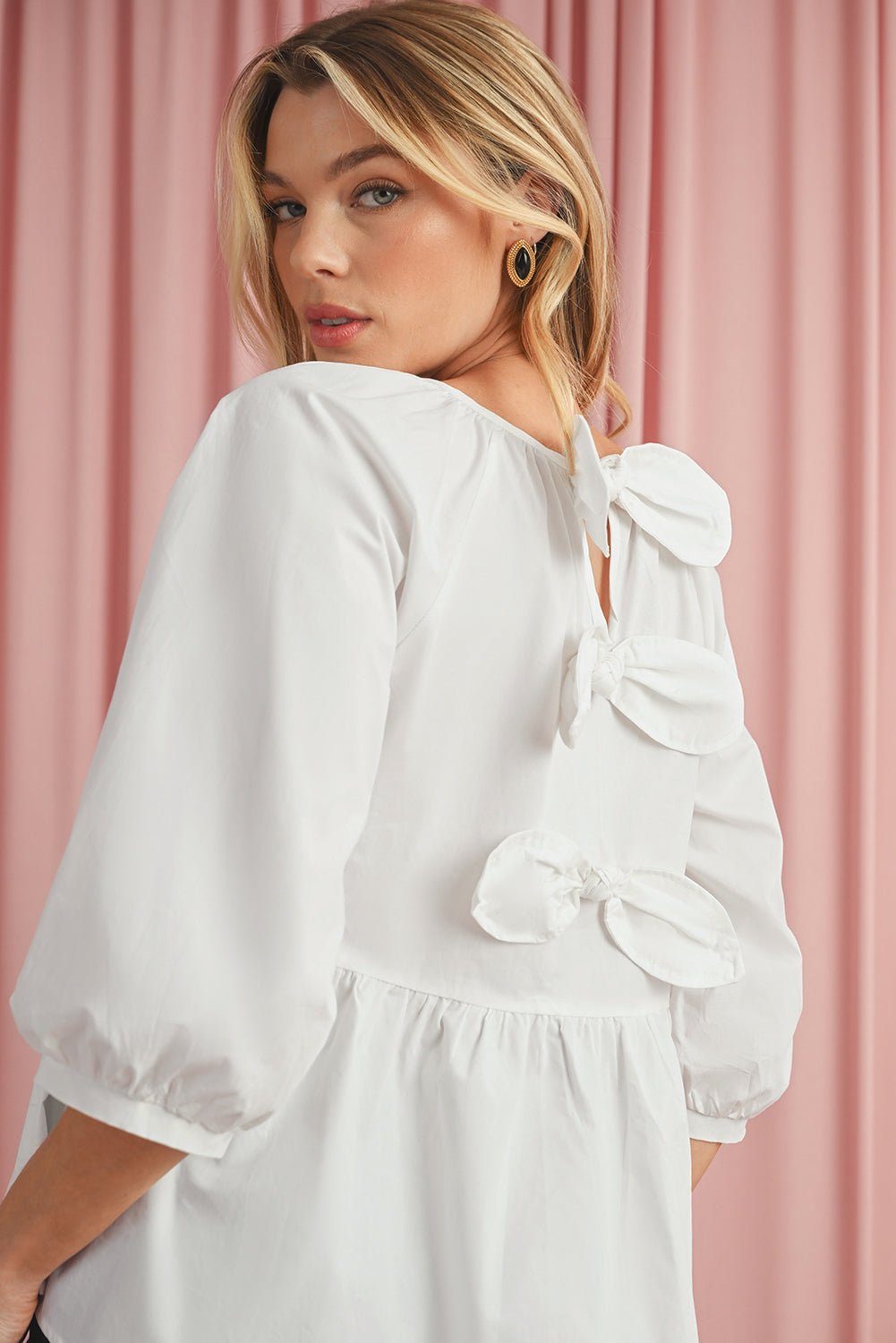 White Bow Knot Cutout Back Loose Fit 3/4 Sleeve Blouse - Kenner House Emporium