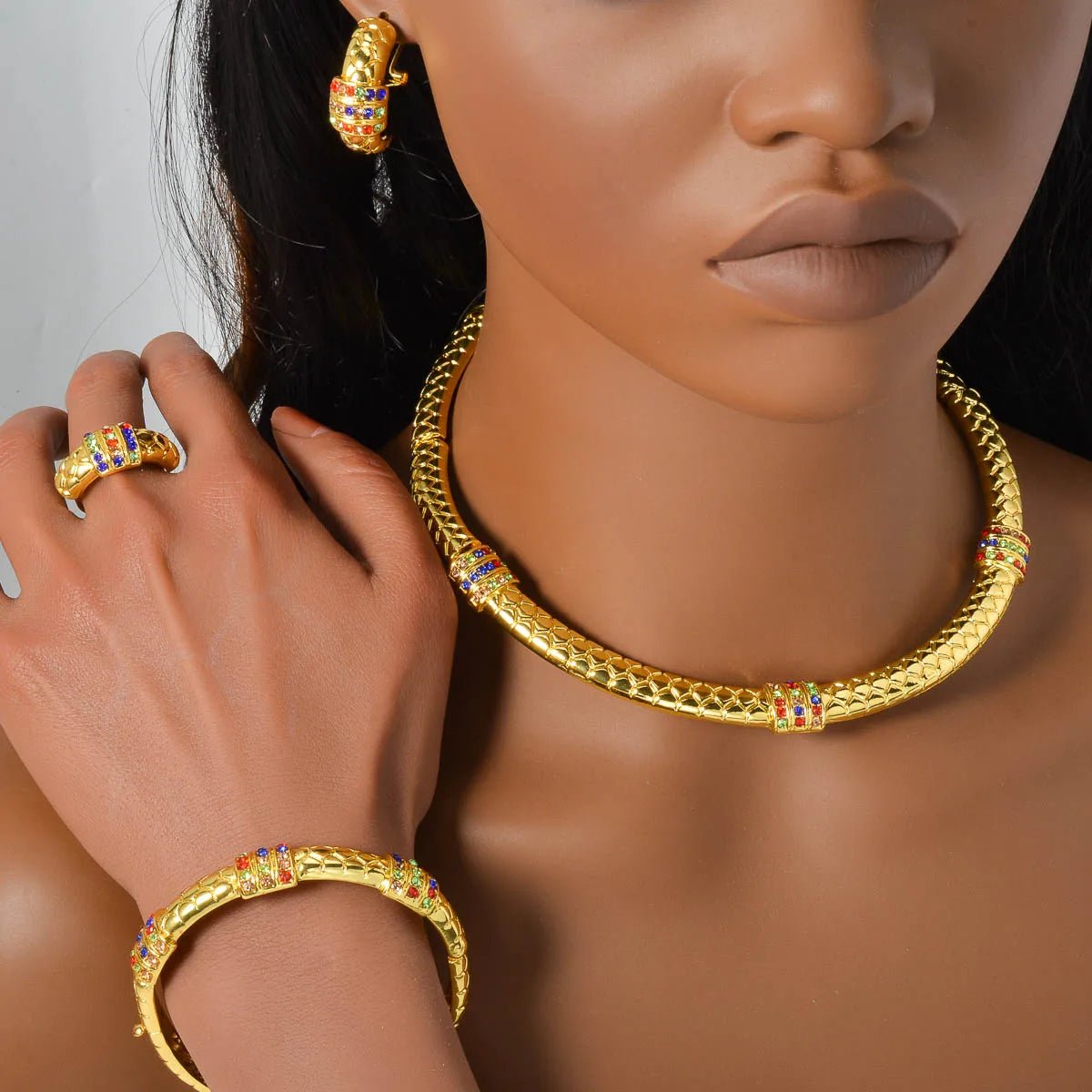 Luxury 18k Gold - Plated Women's Jewelry 4 - Piece Round Necklace Bracelet Earrings Ring Gold Classic Dubai Wedding Gift - Kenner House Emporium