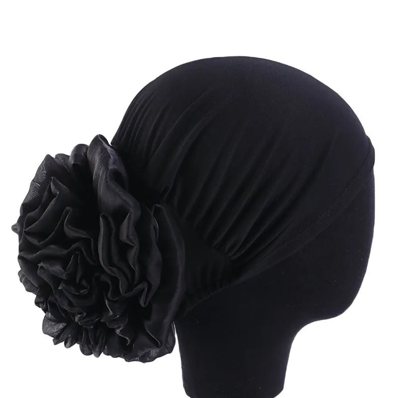 Women's Chiffon Headscarf With Flower Decoration,Monochromatic Elastic Breathable Head Wrap Suitable For Spring,Summer,Autumn - Kenner House Emporium