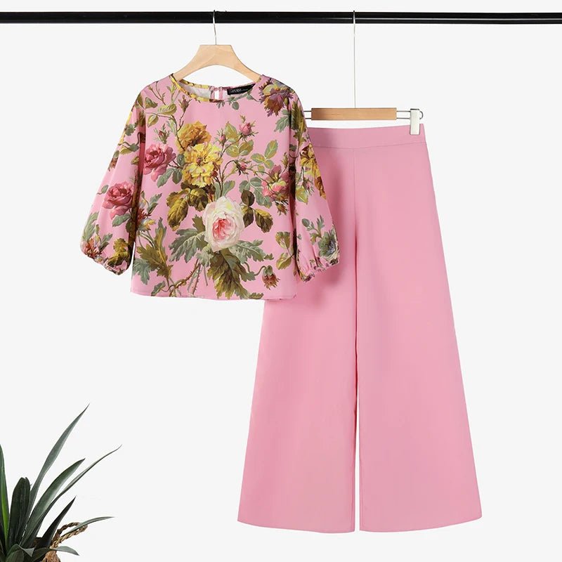 ZANZEA Spring 2pcs Outfits Women Pant Sets 3/4 Sleeve Floral Printed Blouse Loose Trousers Suits Elegant Work Tracksuit Oversize - Kenner House Emporium