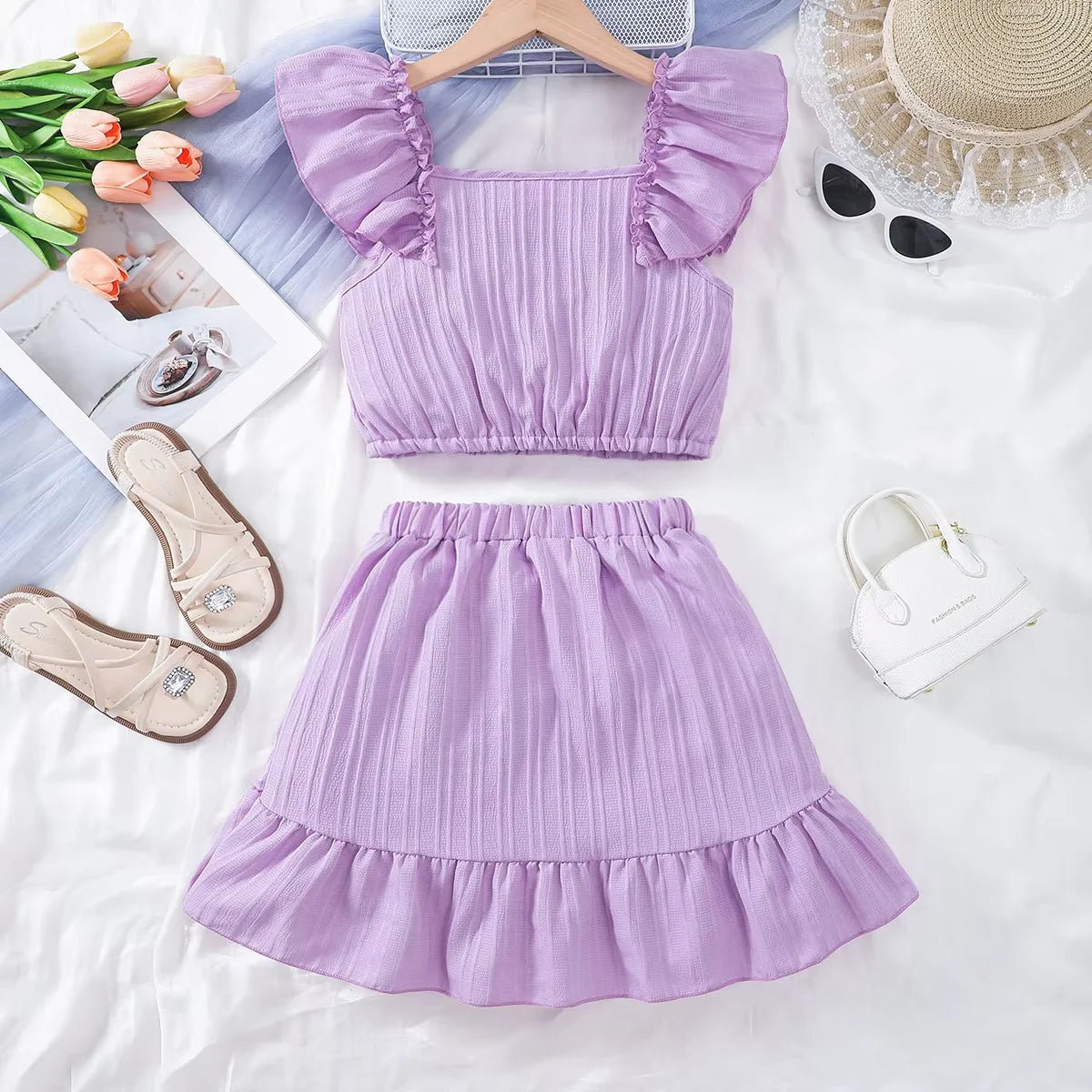 Kid Girls Summer Princess Clothing Set Flutter Sleeve Plain Color Tops+Short Skirt Sweet Style Party Wear For Child 8 - 12 Years - Kenner House Emporium