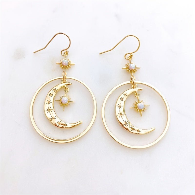 Elegant Boho - Chic Golden - Tone Moonstone Dangle Earrings for Women - Crescent Moon with Star Motifs, Zinc Alloy, Perfect for Daily Wear & Parties, Moon Earrings - Kenner House Emporium