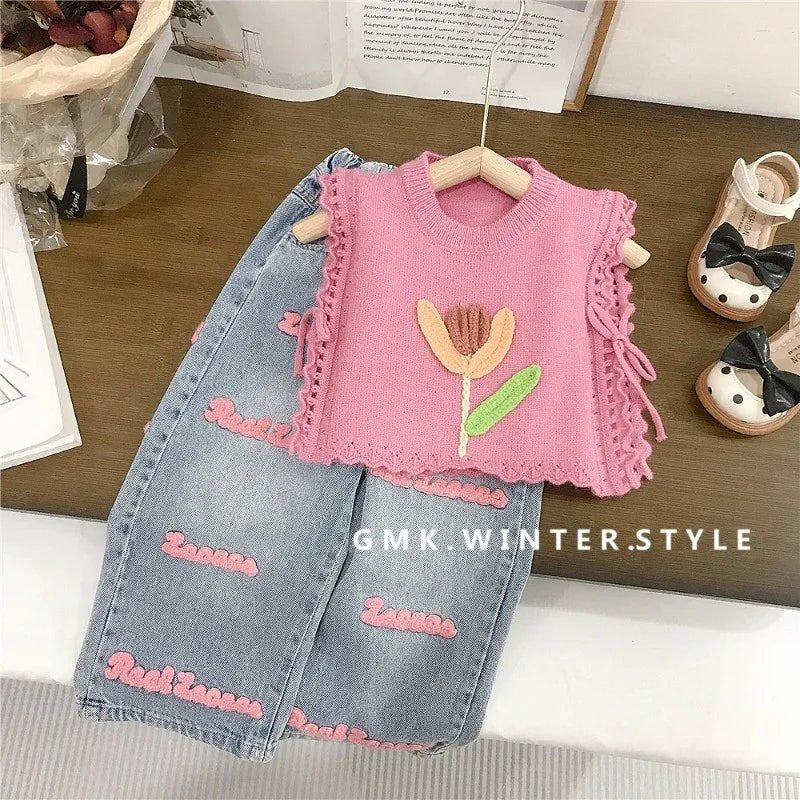 Children's Clothing sets 2 - 7 Years Pink Knitted Waistcoat + Jeans Summer Outfit Toddler Infant Clothing Set Kids Wear - Kenner House Emporium